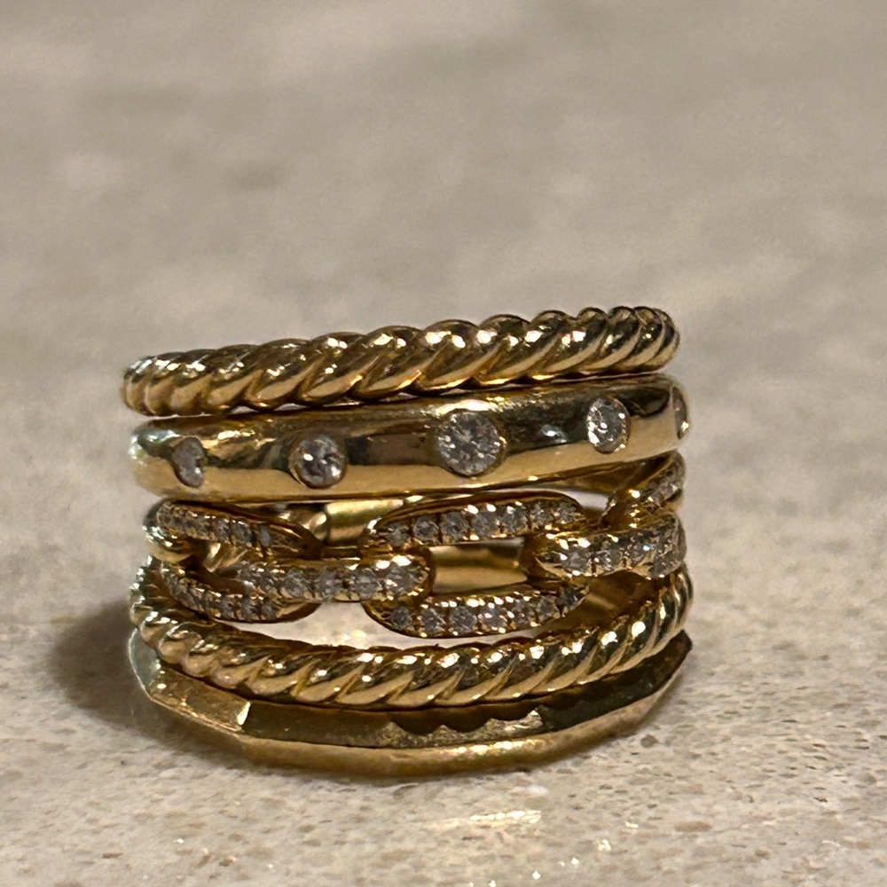 David Yurman Diamond and 18 K gold stack ring